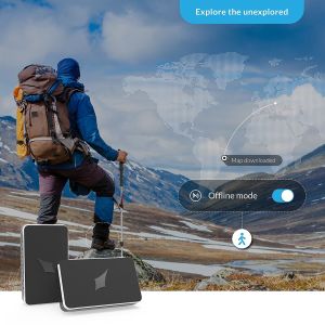 Hiker on a mountain trail with GPS icons.